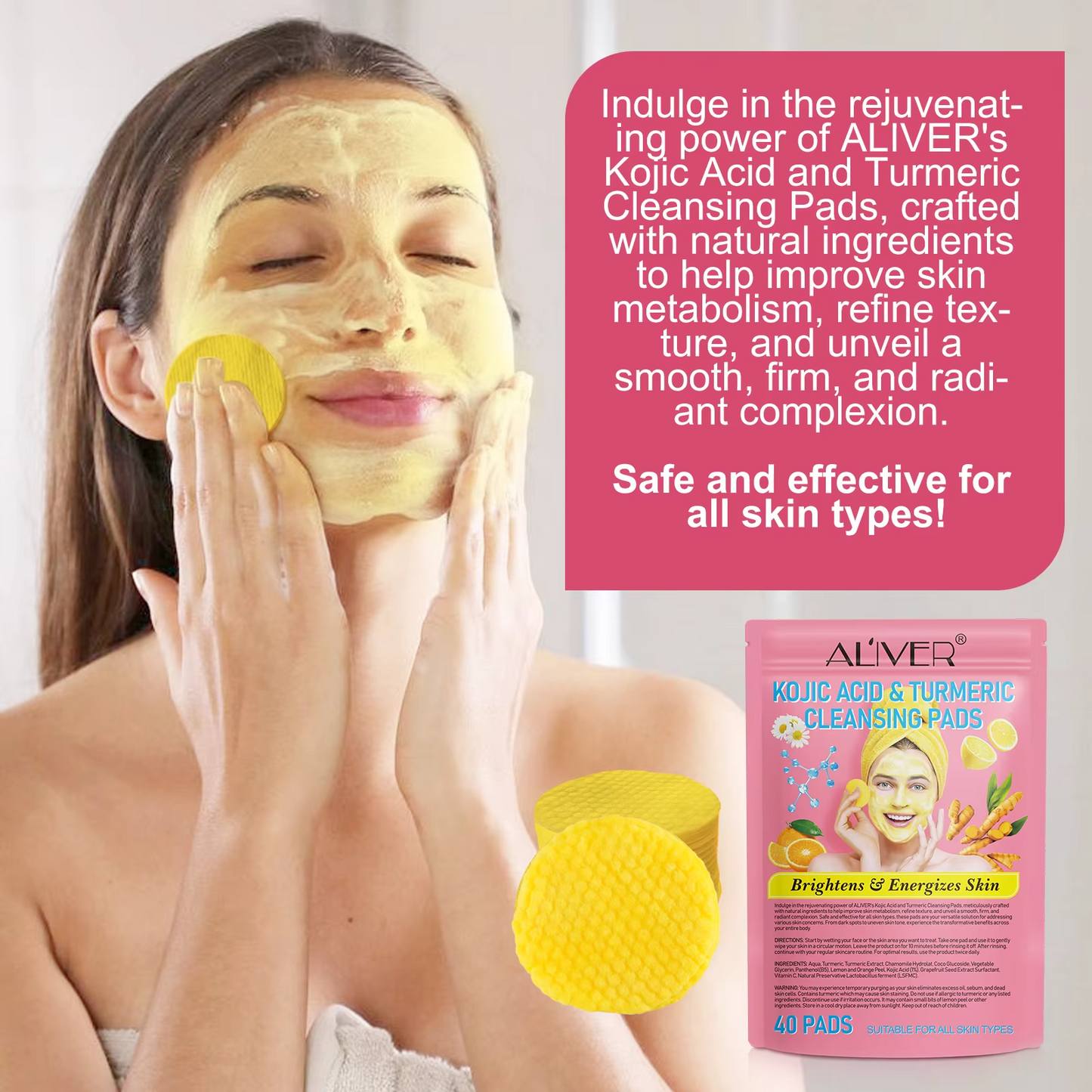 40pc Aliver Kojic Acid Turmeric Natural Skin Brightening Cleansing Pads
