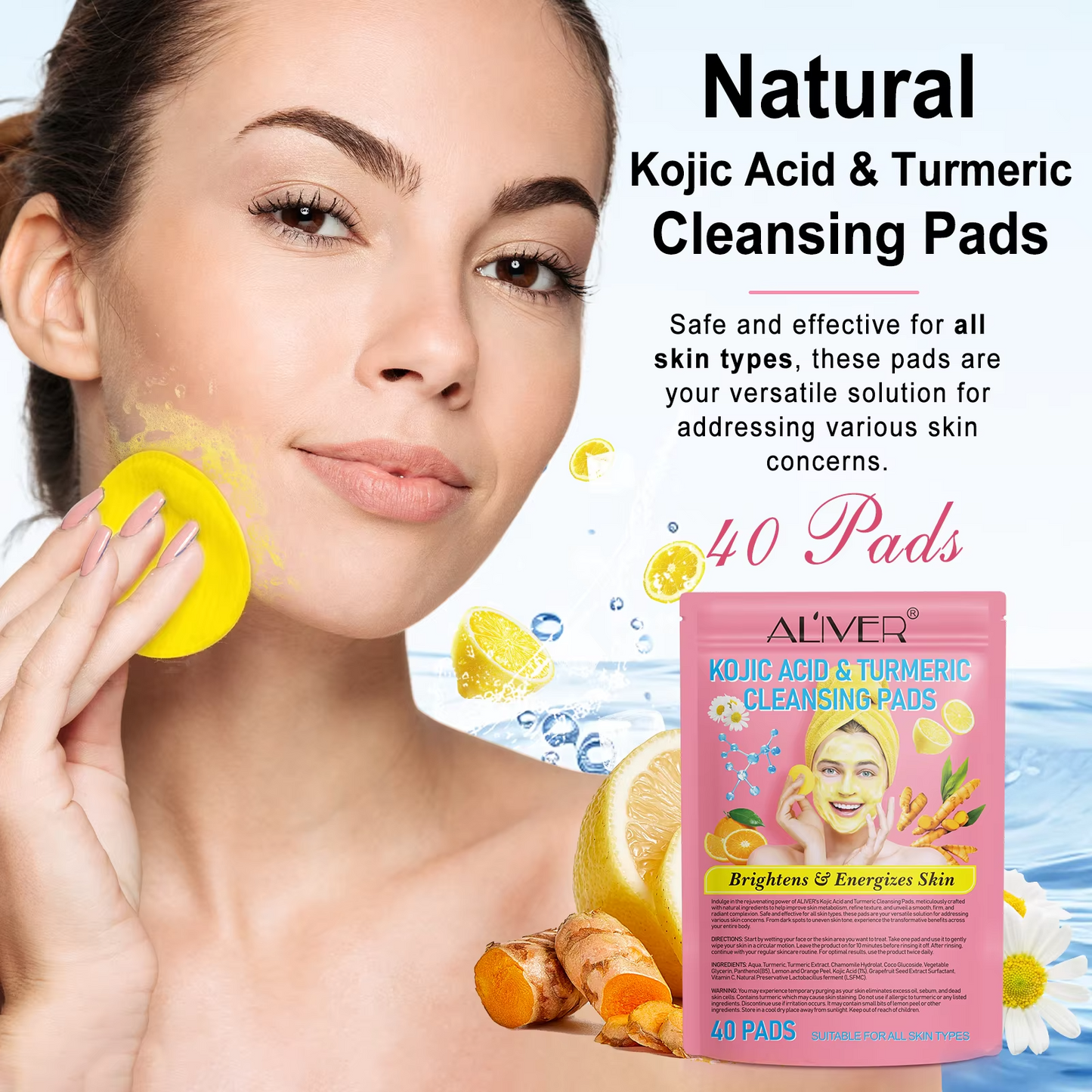 40pc Aliver Kojic Acid Turmeric Natural Skin Brightening Cleansing Pads