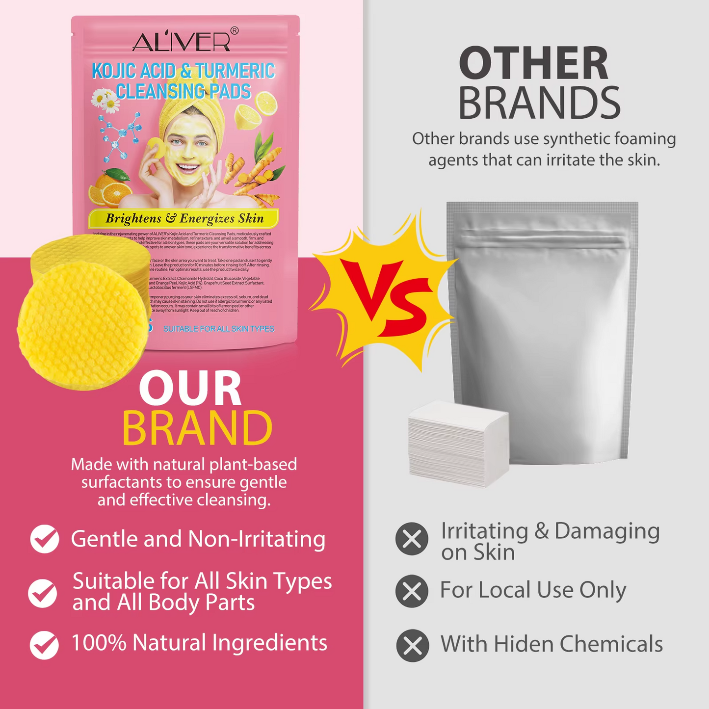 40pc Aliver Kojic Acid Turmeric Natural Skin Brightening Cleansing Pads