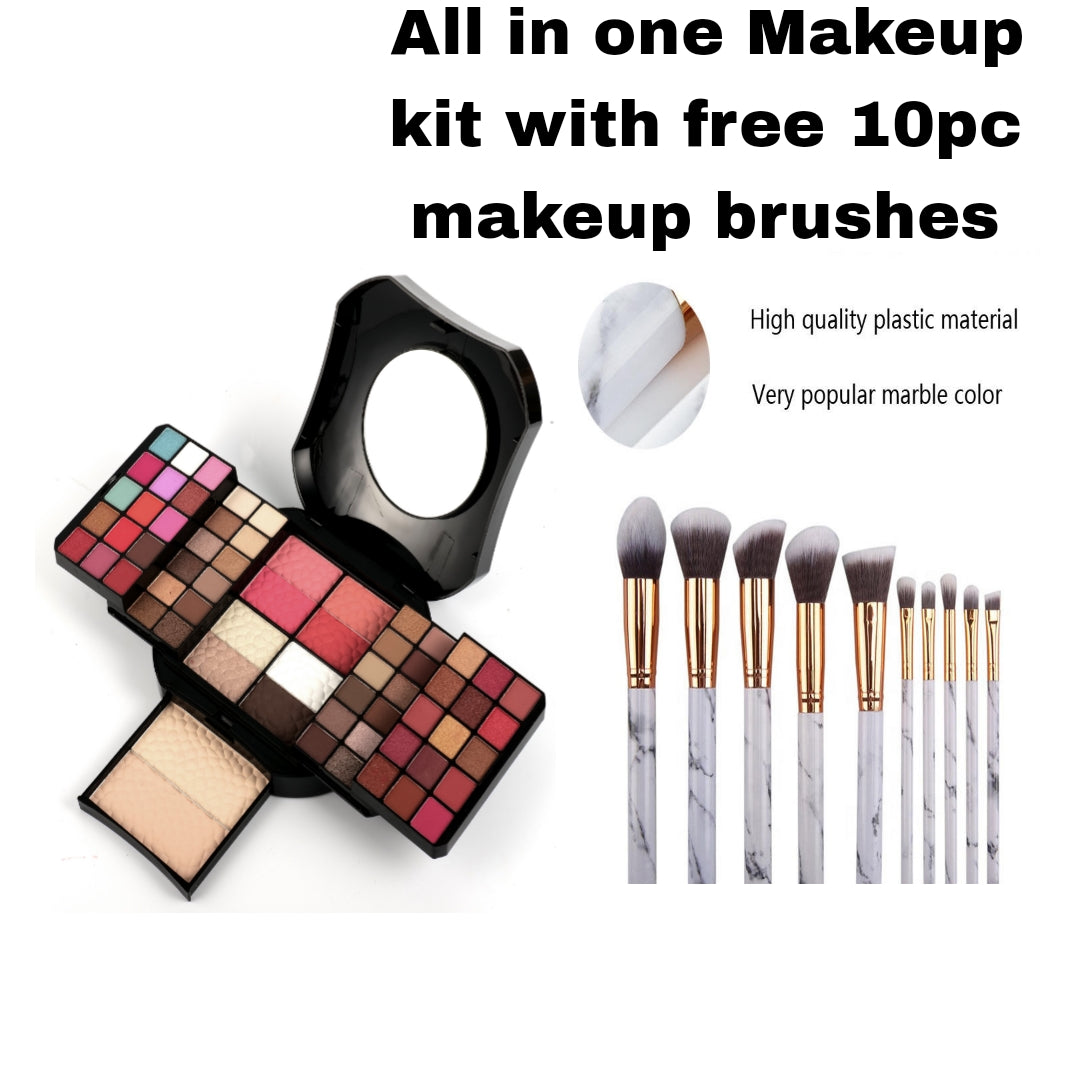 Full Makeup Kit with 24 color Eye shadow, 4 color blushers, 2 color highlighter, 2 color face powder, 2 color bronzers, all in one makeup set + Free 10pc makeup brushes