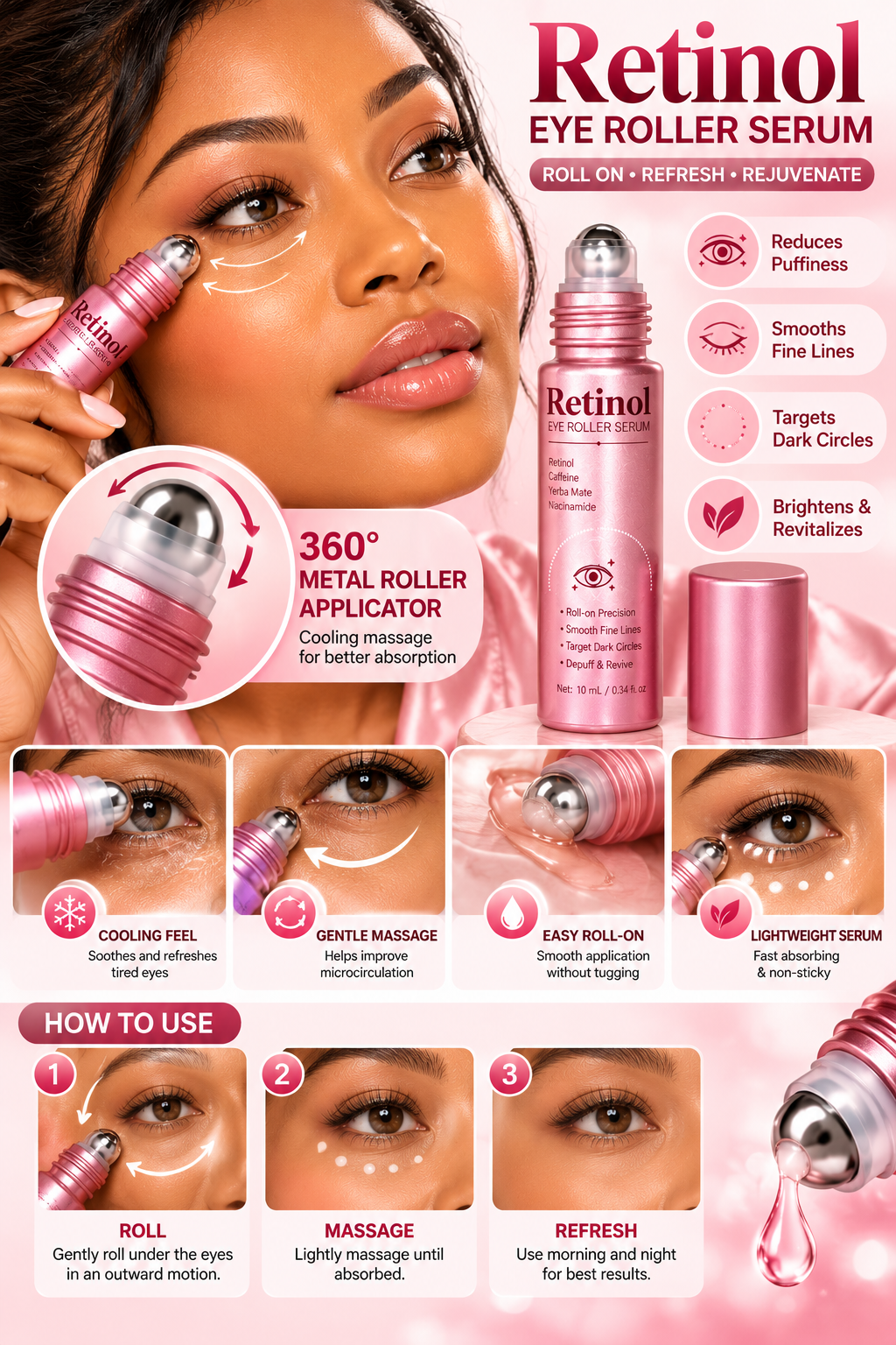 Retinol Eye Roller Serum for Puffy Eyes, Wrinkles and Dark Circles (Buy 1 Get 1 Free)