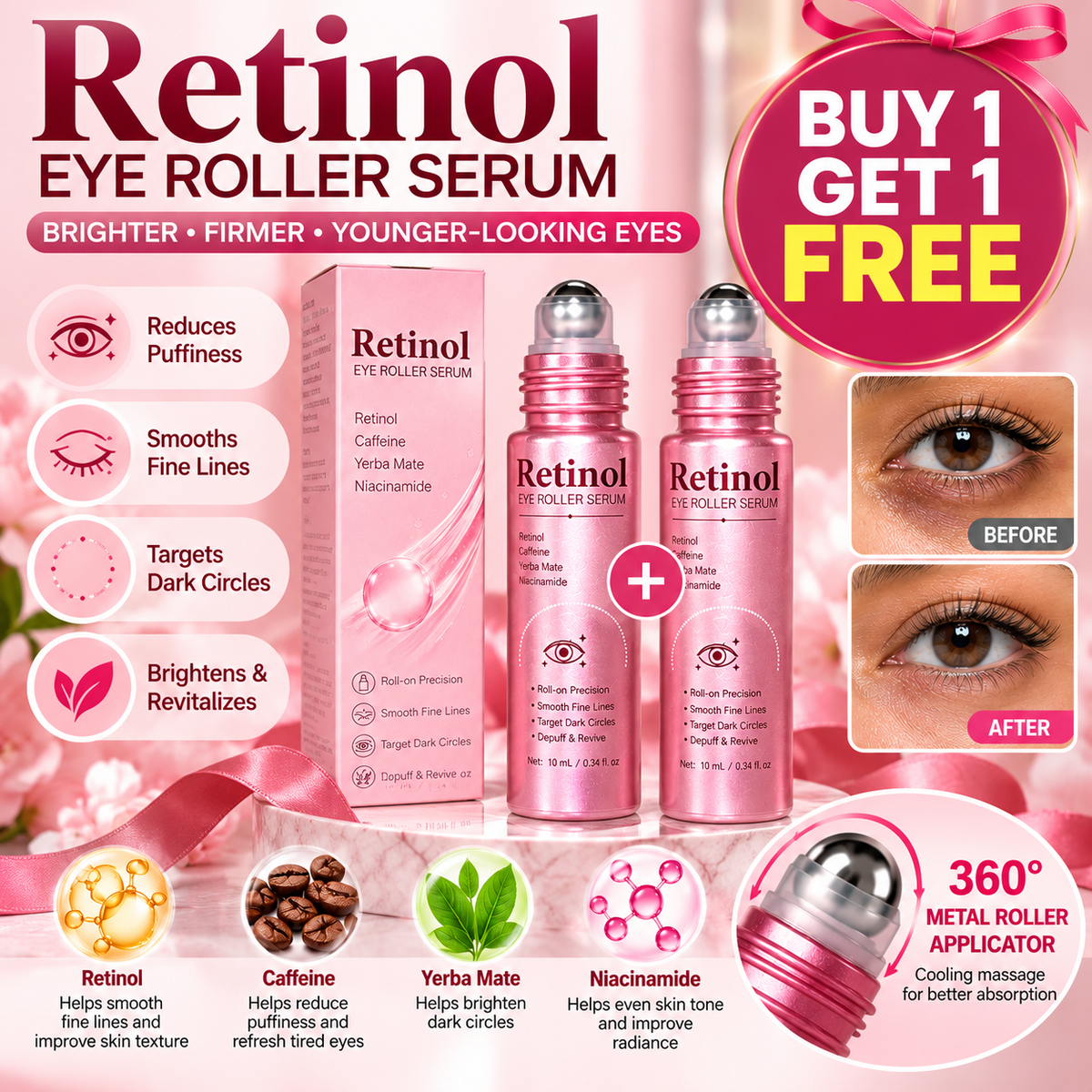 Retinol Eye Roller Serum for Puffy Eyes, Wrinkles and Dark Circles (Buy 1 Get 1 Free)