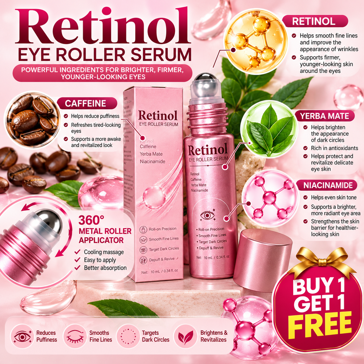 Retinol Eye Roller Serum for Puffy Eyes, Wrinkles and Dark Circles (Buy 1 Get 1 Free)