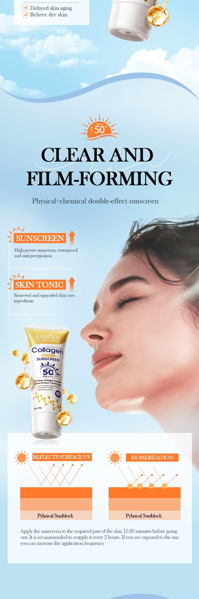 SADOER Collagen SPF50 Sunblock Sunscreen Cream 40ml