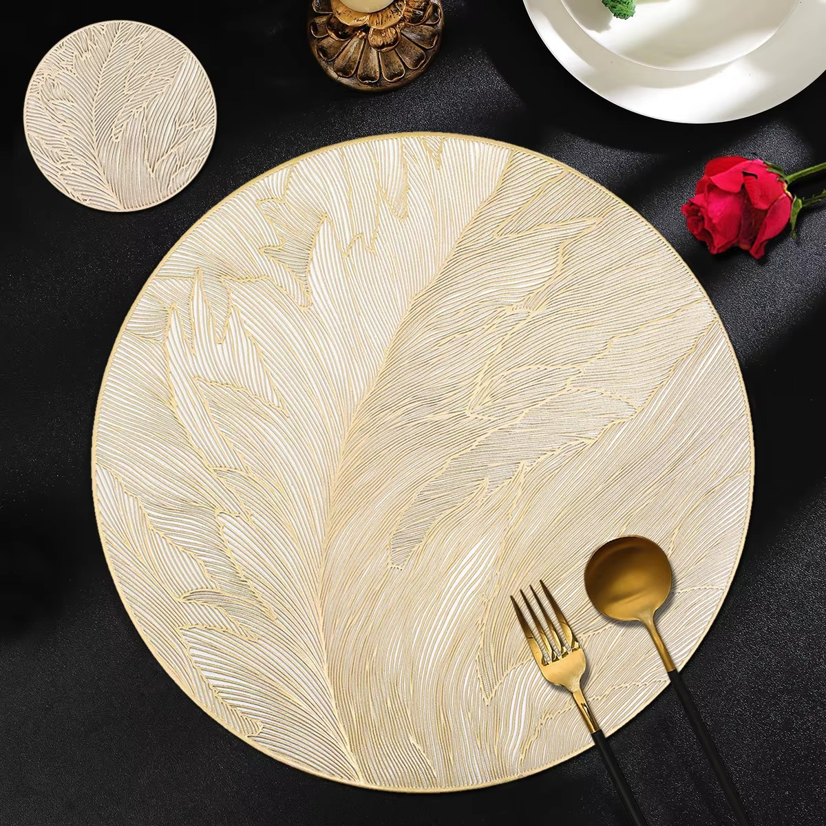 6pc Luxurious Gold table Mats set, Floral, Rectangular and Round.