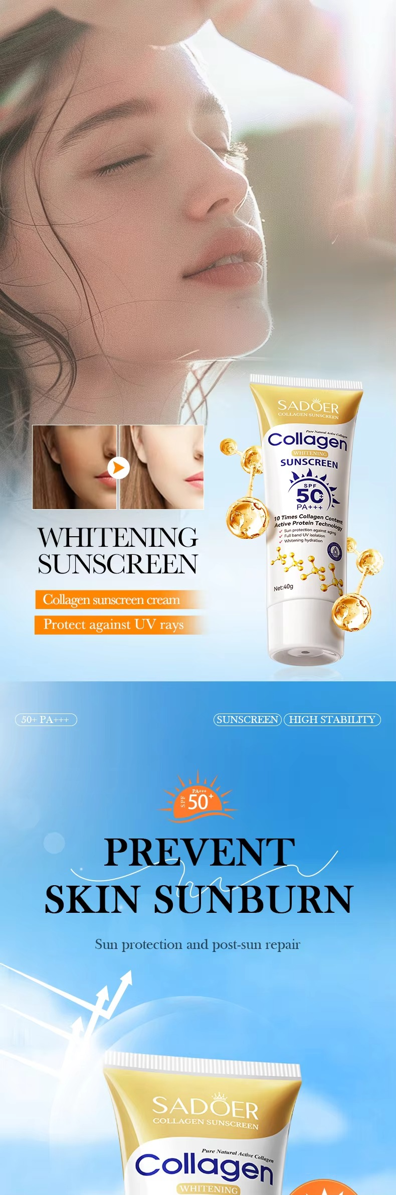 SADOER Collagen SPF50 Sunblock Sunscreen Cream 40ml