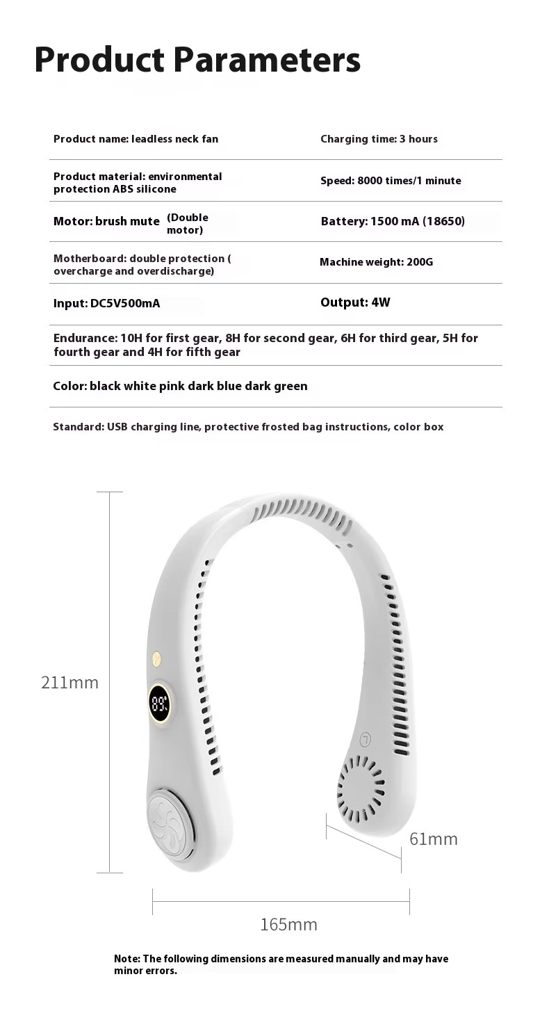 1500 MAh Bladeless Handsfree High Wind Neck Fan