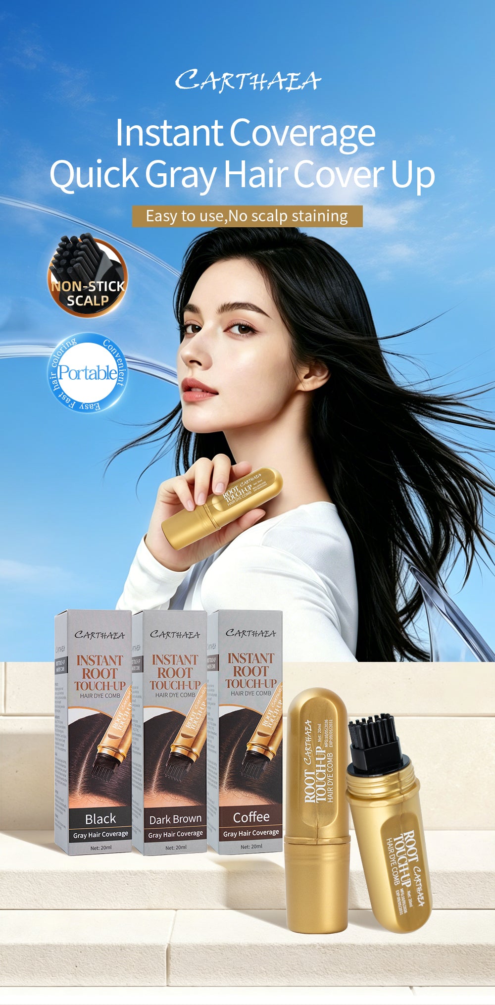 Waterproof Black Hair Dye Stick With Comb color Black Ammonia free