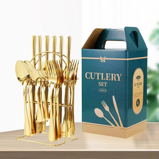 24pc Golden Stainless Steel Cutlery set with Knives, Spoons and Forks