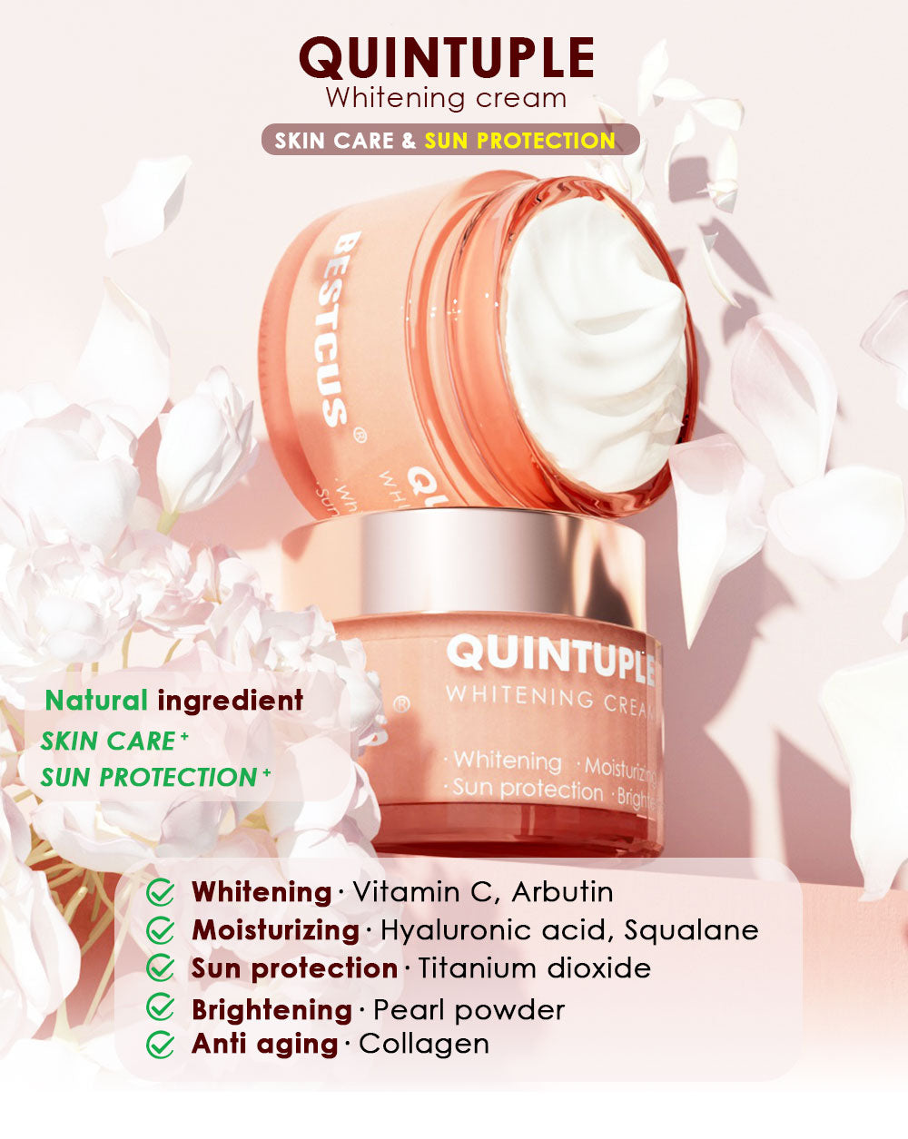 5 in 1 Quintuple Anti Aging Brightening Cream with Vitamin C, Arbutin, Hyaluronic Acid, Pearl Powder, Collagen and Sunscreen