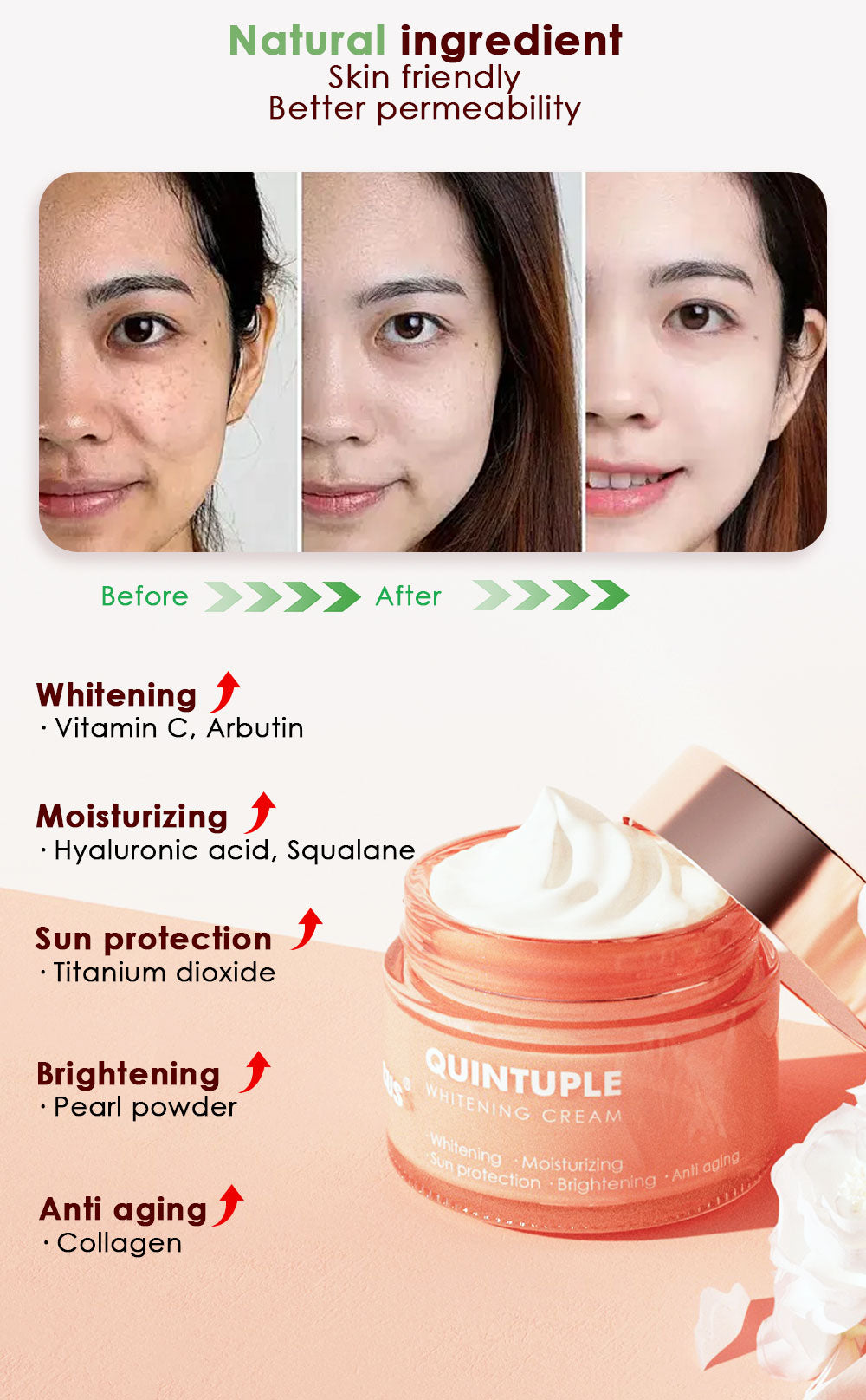 5 in 1 Quintuple Anti Aging Brightening Cream with Vitamin C, Arbutin, Hyaluronic Acid, Pearl Powder, Collagen and Sunscreen