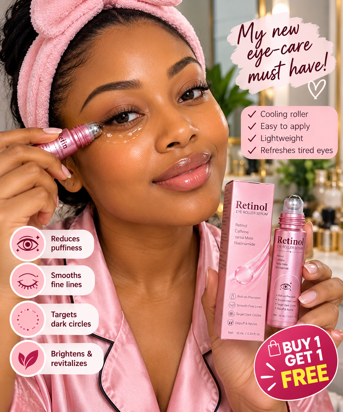 Retinol Eye Roller Serum for Puffy Eyes, Wrinkles and Dark Circles (Buy 1 Get 1 Free)