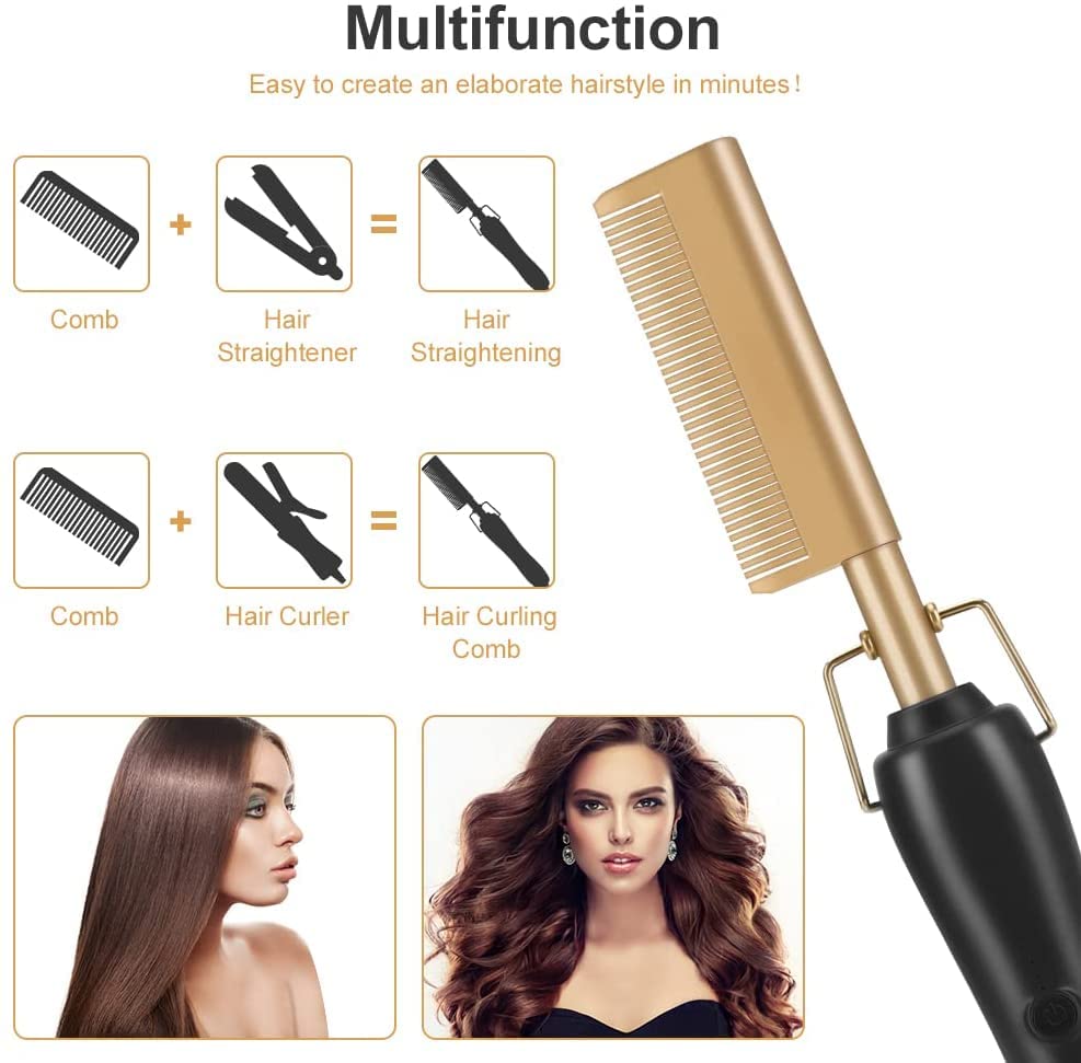 Hot Hair Straightening Heat Pressing Comb Ceramic Security Portable Curling Flat Iron Heated Brush Electric Straightening Comb