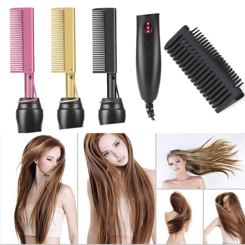 Hot Hair Straightening Heat Pressing Comb Ceramic Security Portable Curling Flat Iron Heated Brush Electric Straightening Comb