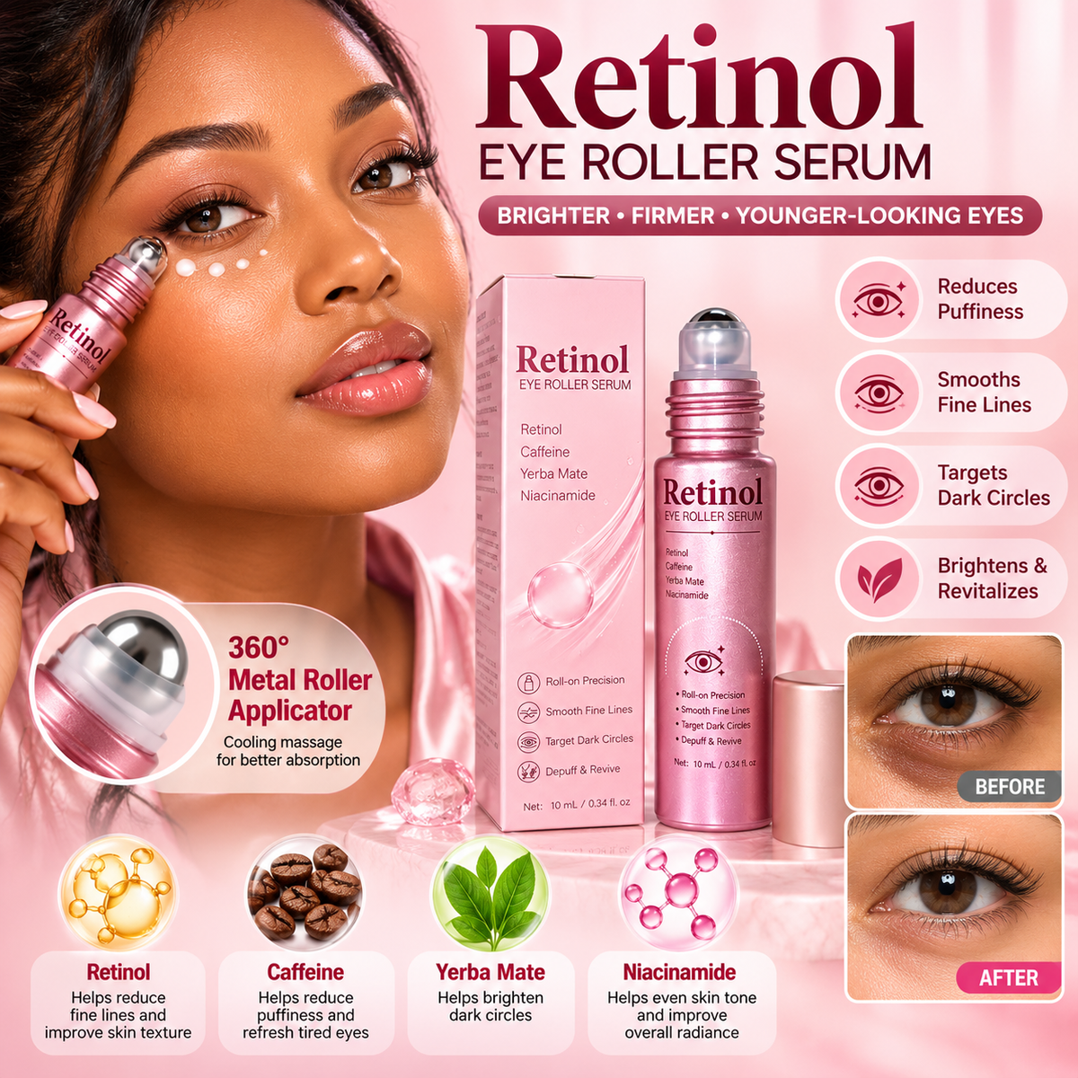 Retinol Eye Roller Serum for Puffy Eyes, Wrinkles and Dark Circles (Buy 1 Get 1 Free)