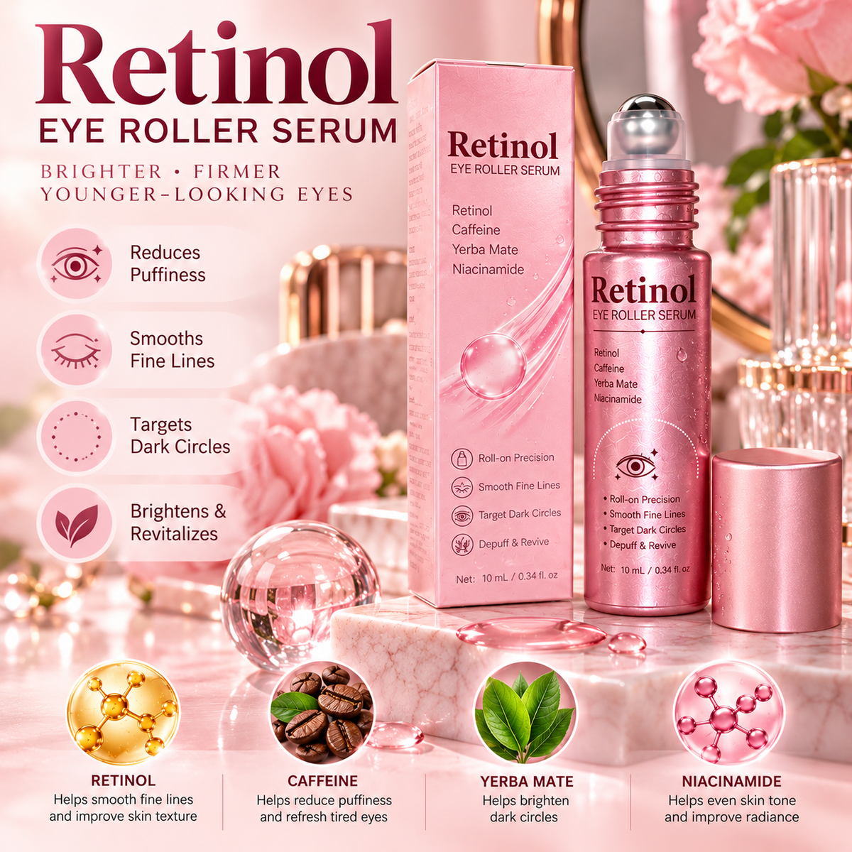 Retinol Eye Roller Serum for Puffy Eyes, Wrinkles and Dark Circles (Buy 1 Get 1 Free)