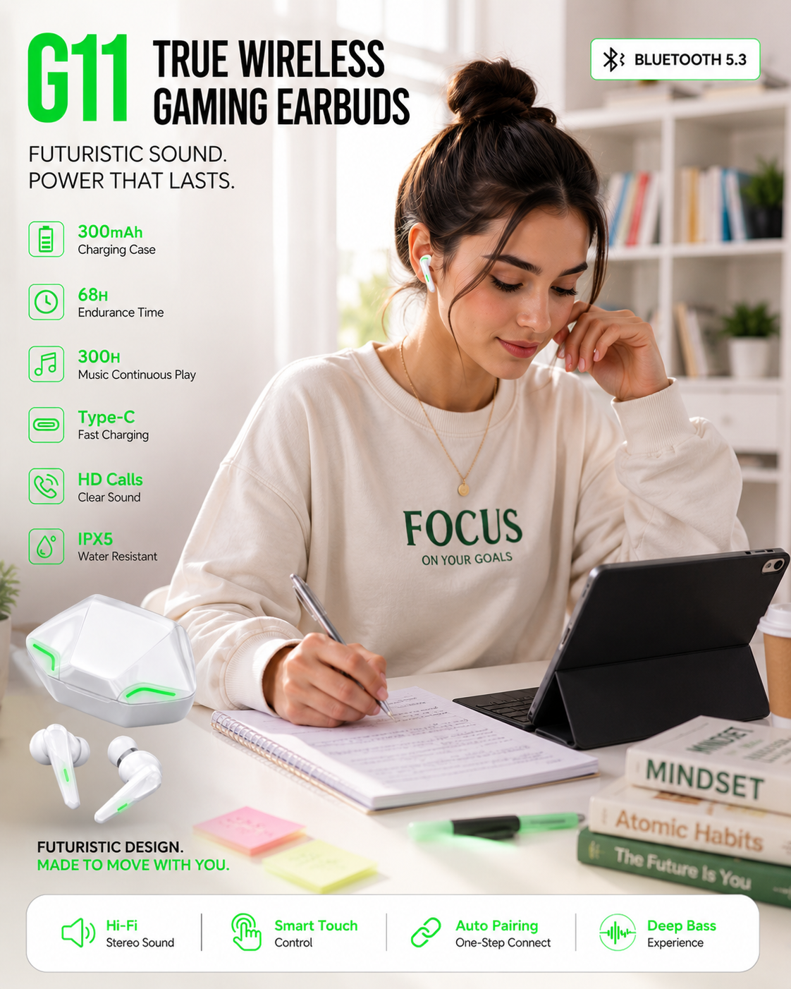 G11 Wireless Immersive Sound Gaming Earbuds – 300mAh Charging Case & Long Battery Life