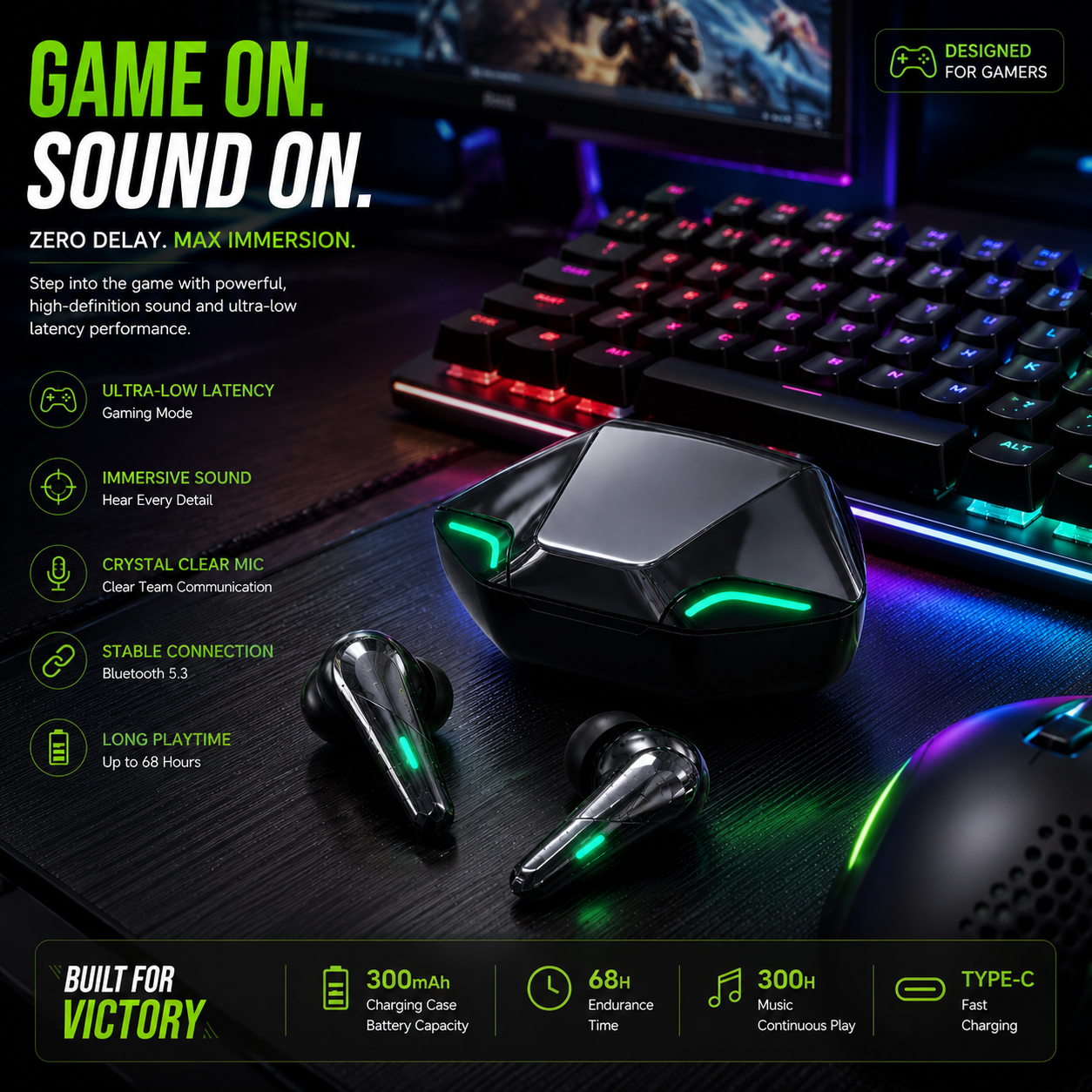 G11 Wireless Immersive Sound Gaming Earbuds – 300mAh Charging Case & Long Battery Life