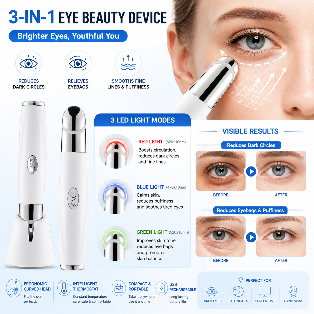 Led Micro Current Electric, Vibration Eye Rejuvenation Device - Eyebags, Dark Circles & Wrinkles