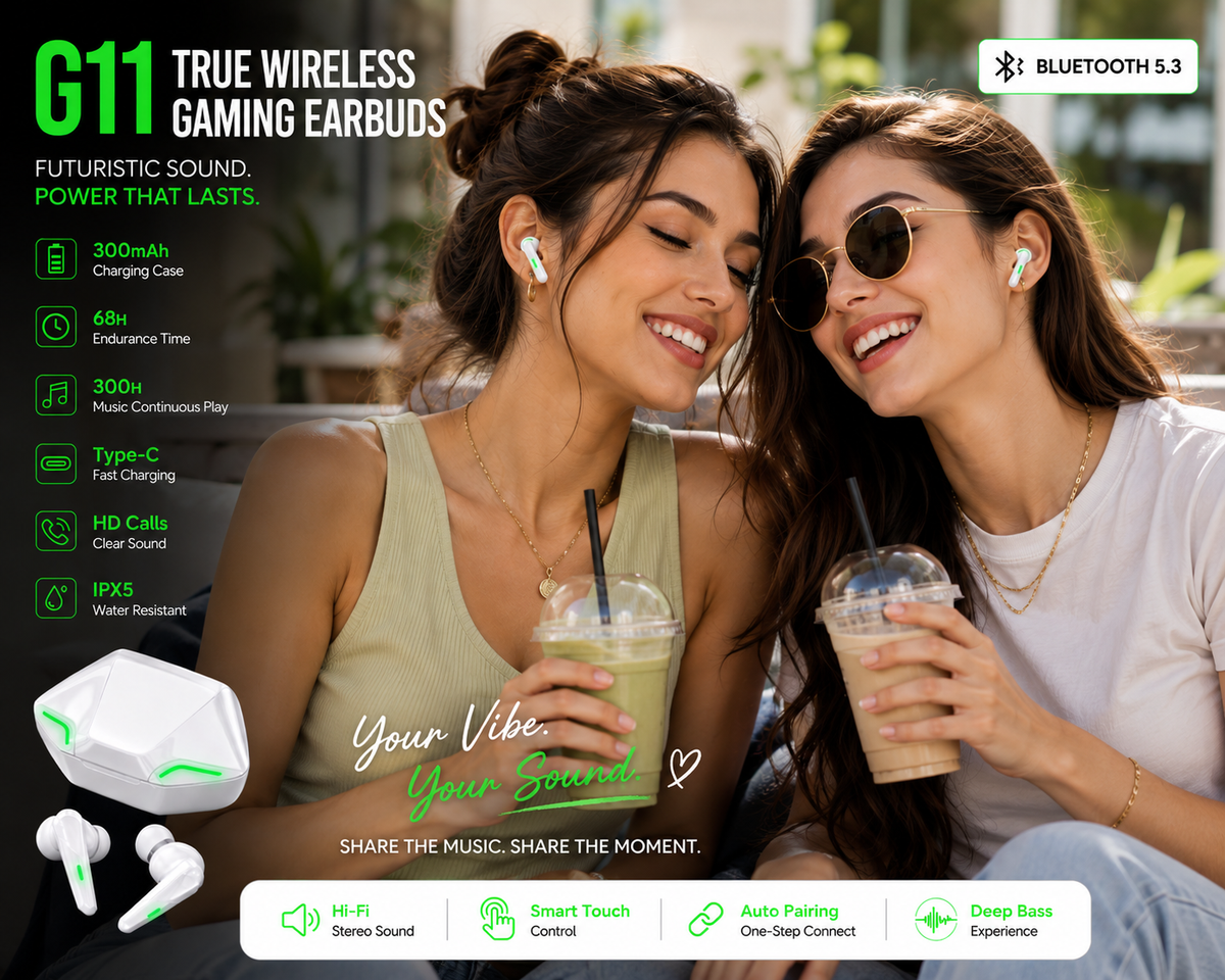 G11 Wireless Immersive Sound Gaming Earbuds – 300mAh Charging Case & Long Battery Life