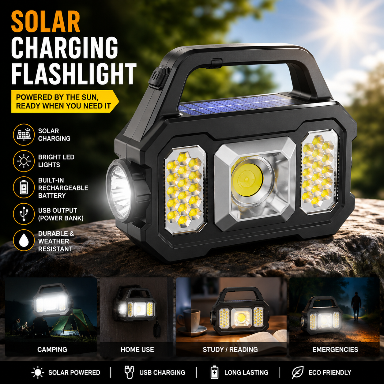 High Brightness Solar Powered Rechargeable Handheld Led Flashlight With Power Bank