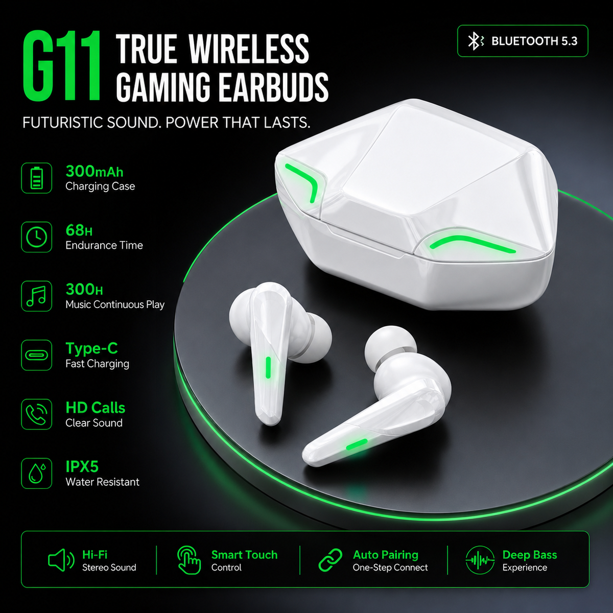 G11 Wireless Immersive Sound Gaming Earbuds – 300mAh Charging Case & Long Battery Life