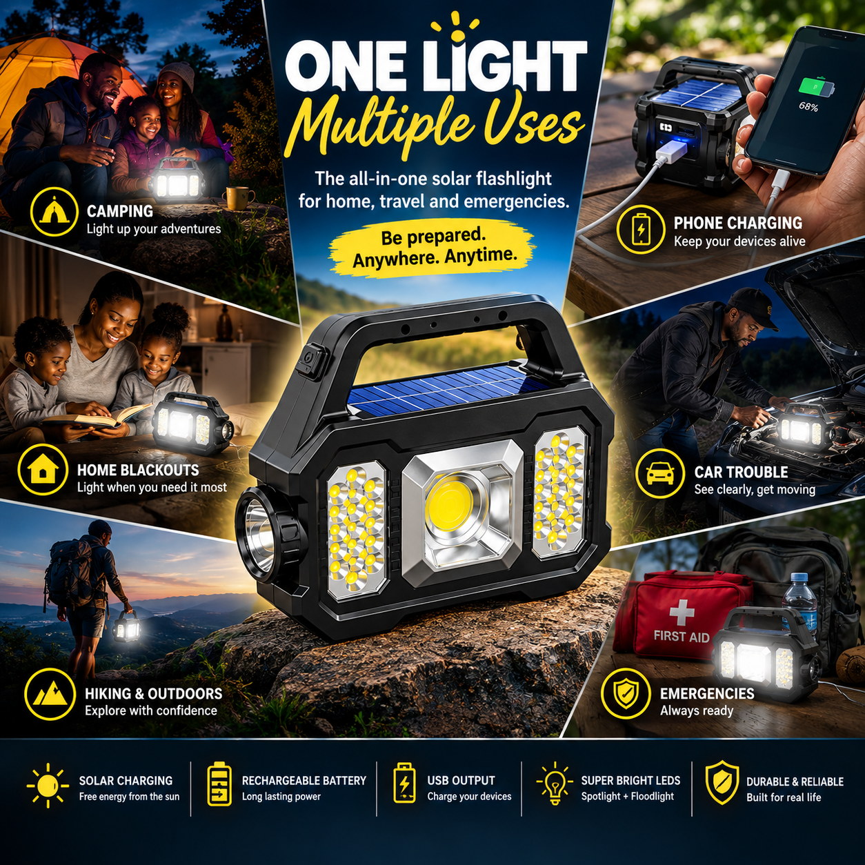 High Brightness Solar Powered Rechargeable Handheld Led Flashlight With Power Bank