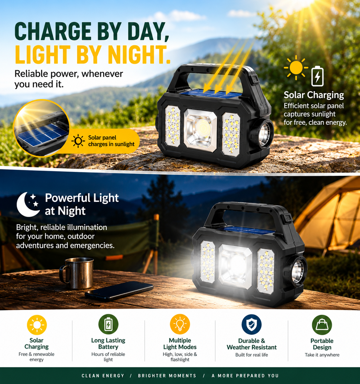 High Brightness Solar Powered Rechargeable Handheld Led Flashlight With Power Bank