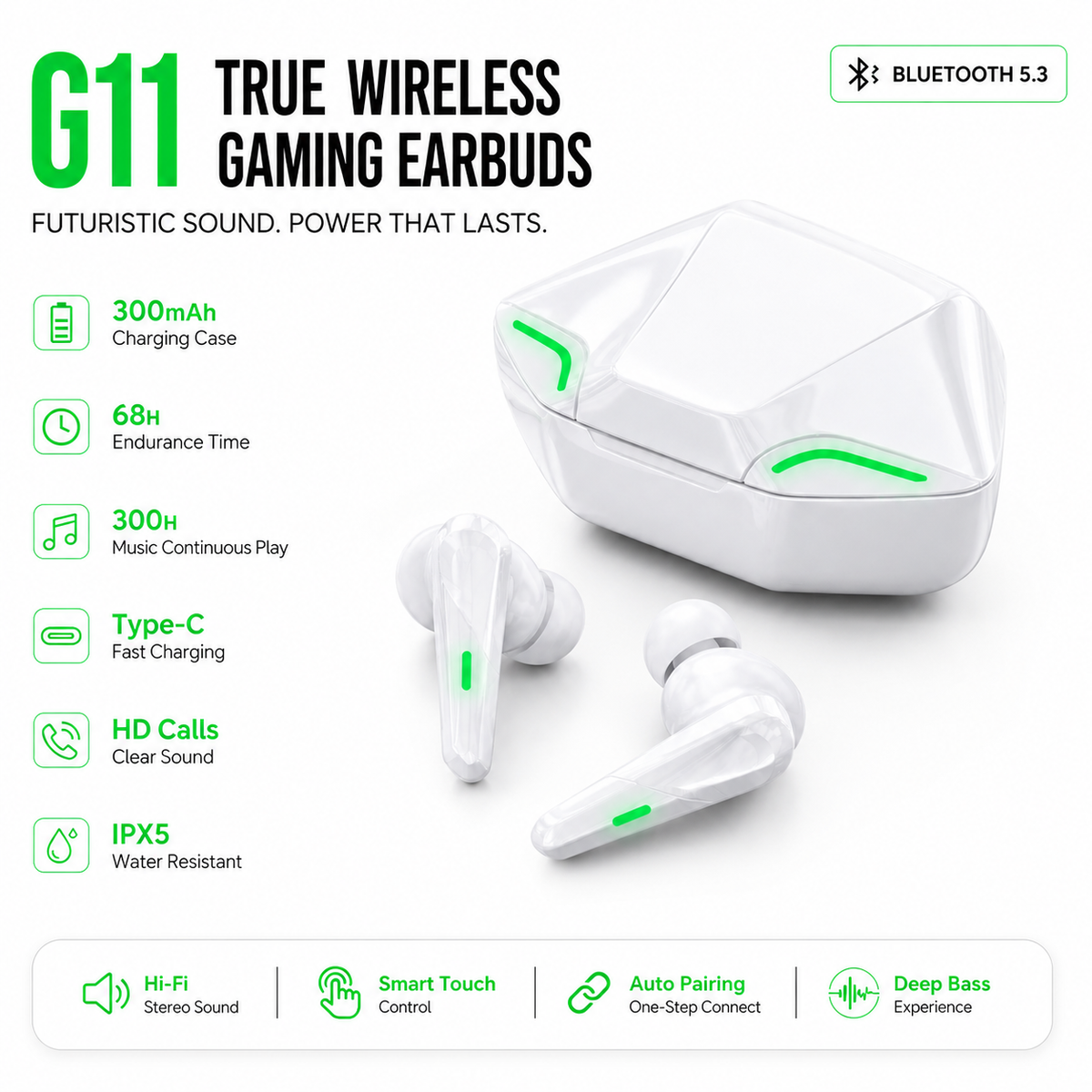 G11 Wireless Immersive Sound Gaming Earbuds – 300mAh Charging Case & Long Battery Life