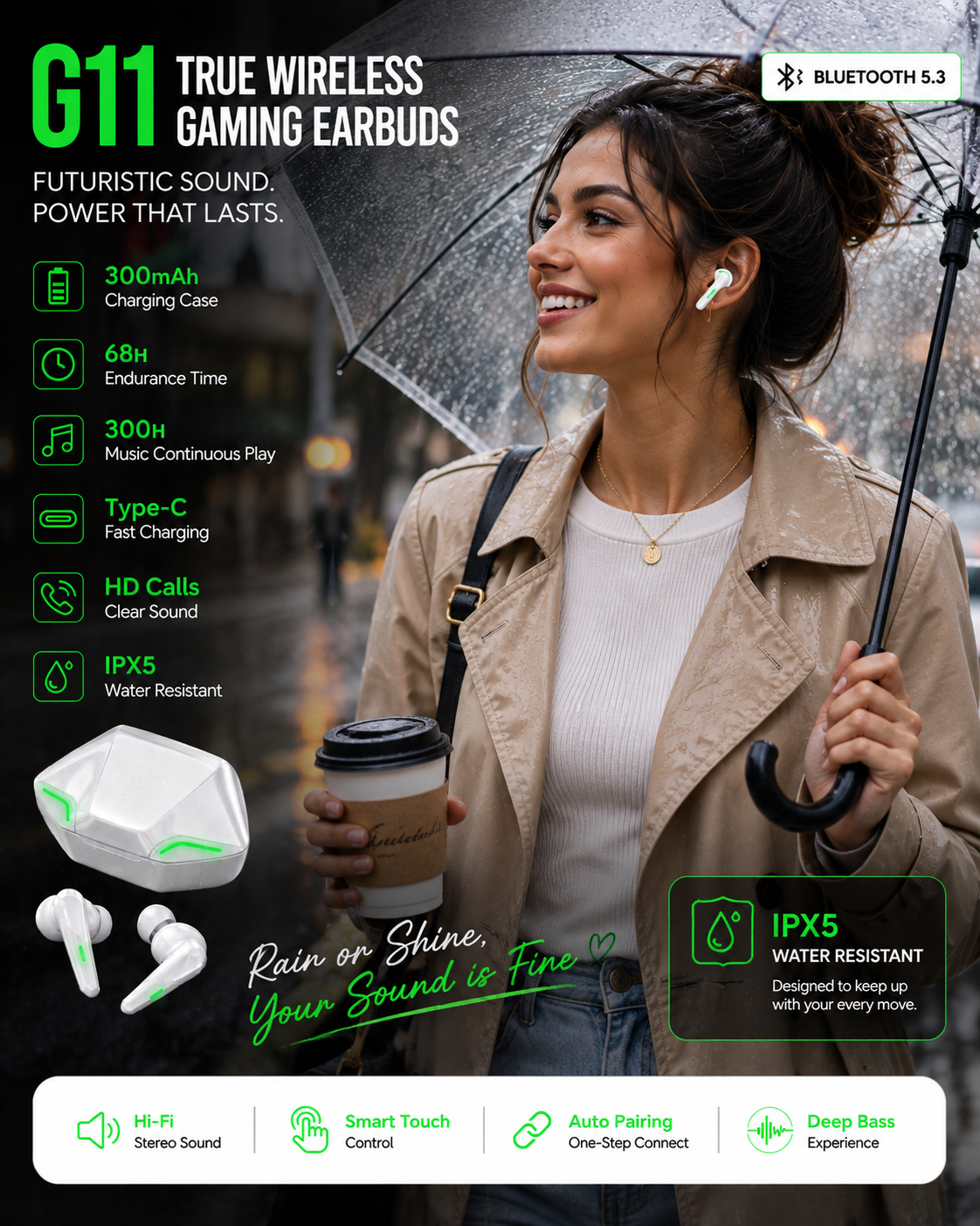 G11 Wireless Immersive Sound Gaming Earbuds – 300mAh Charging Case & Long Battery Life