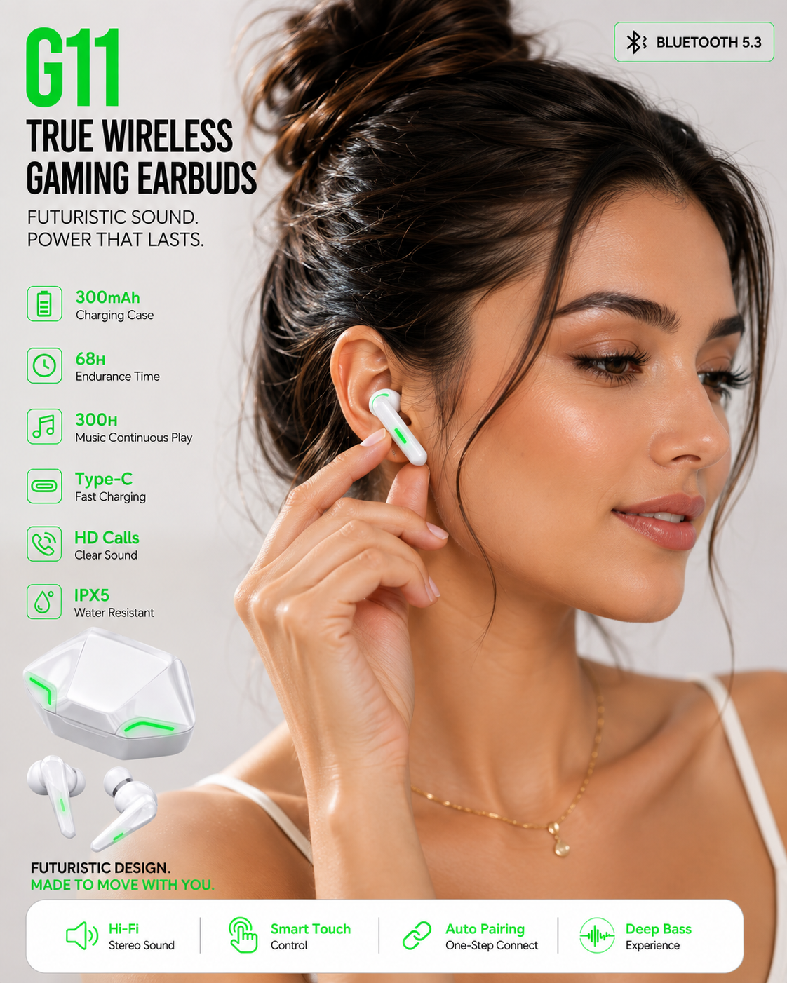 G11 Wireless Immersive Sound Gaming Earbuds – 300mAh Charging Case & Long Battery Life