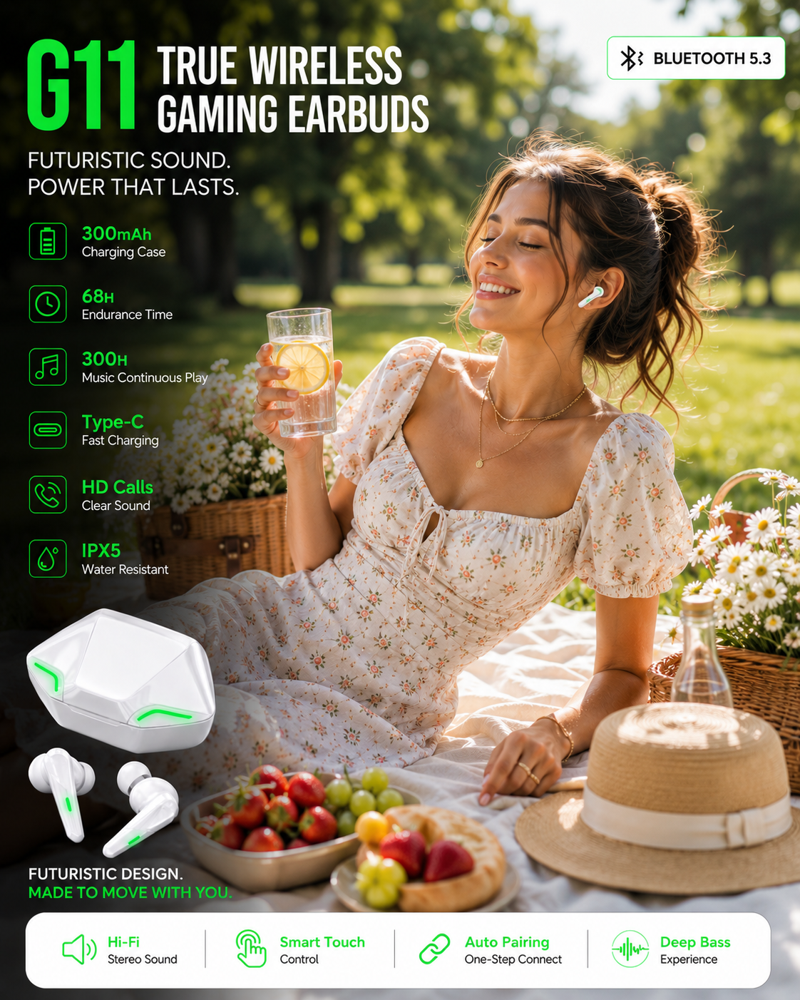 G11 Wireless Immersive Sound Gaming Earbuds – 300mAh Charging Case & Long Battery Life