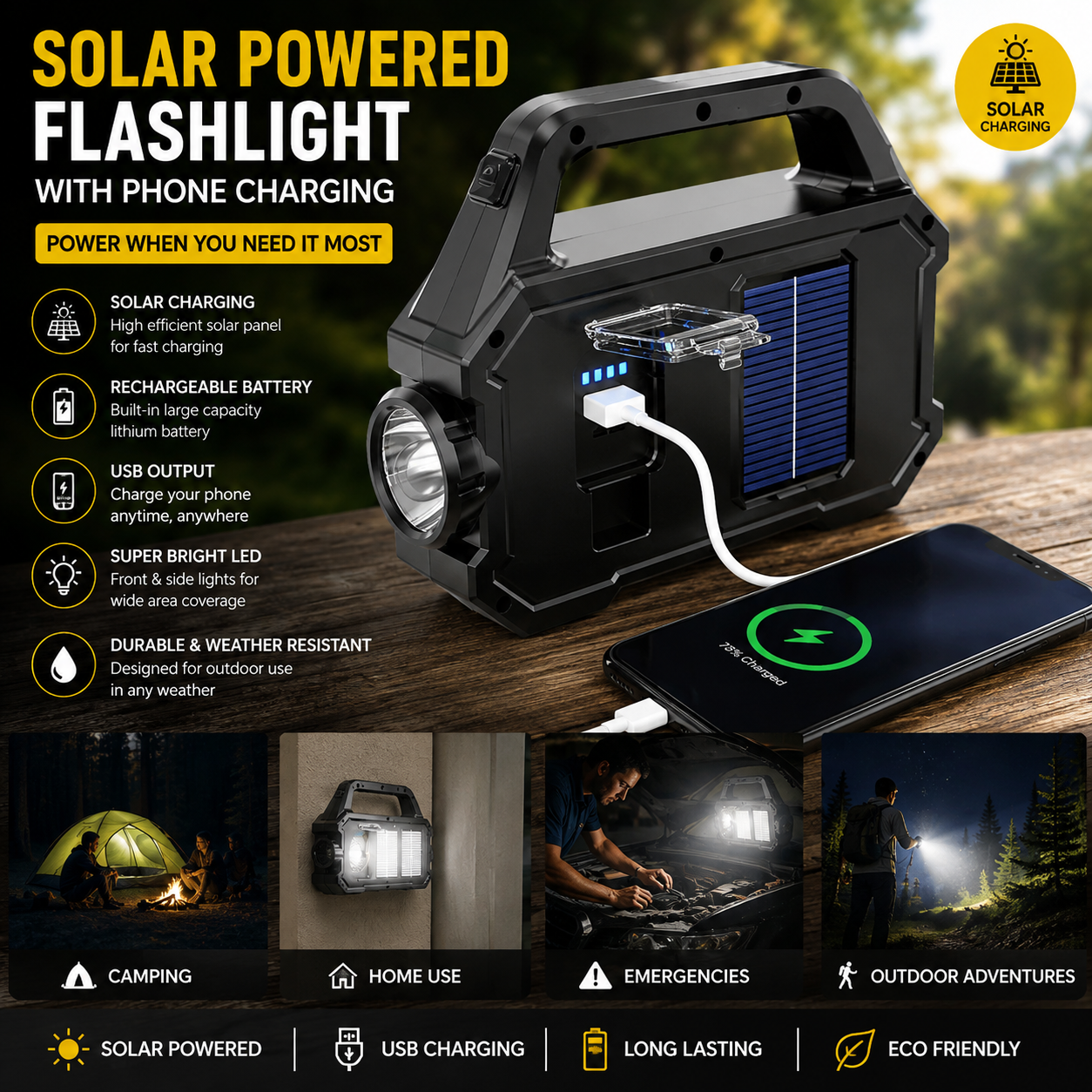 High Brightness Solar Powered Rechargeable Handheld Led Flashlight With Power Bank
