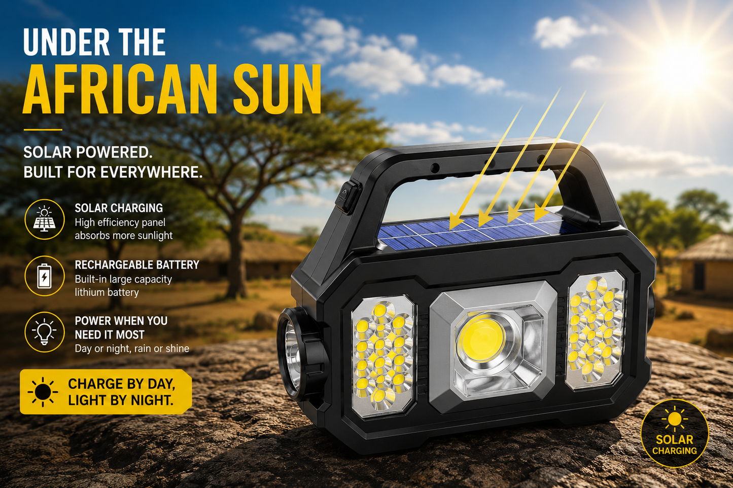 High Brightness Solar Powered Rechargeable Handheld Led Flashlight With Power Bank