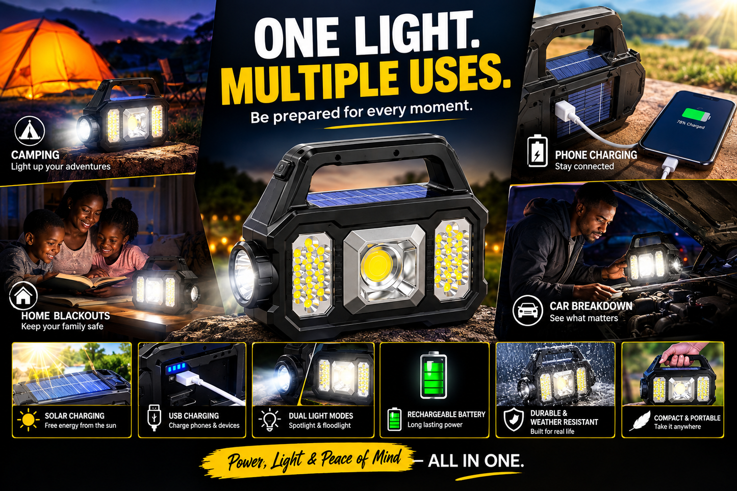 High Brightness Solar Powered Rechargeable Handheld Led Flashlight With Power Bank