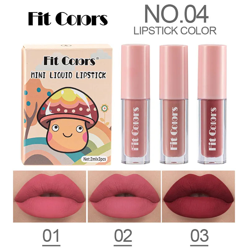 Fit Colors 3Pcs/set Mini Matte Velvet Lip Gloss Waterproof Long-lasting Matte Liquid Lipstick Cosmetic Beauty 24 Hours Makeup