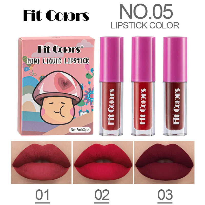 Fit Colors 3Pcs/set Mini Matte Velvet Lip Gloss Waterproof Long-lasting Matte Liquid Lipstick Cosmetic Beauty 24 Hours Makeup