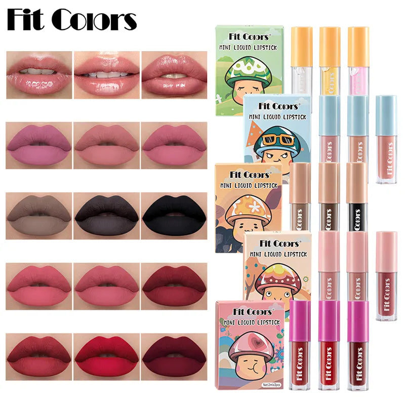 Fit Colors 3Pcs/set Mini Matte Velvet Lip Gloss Waterproof Long-lasting Matte Liquid Lipstick Cosmetic Beauty 24 Hours Makeup