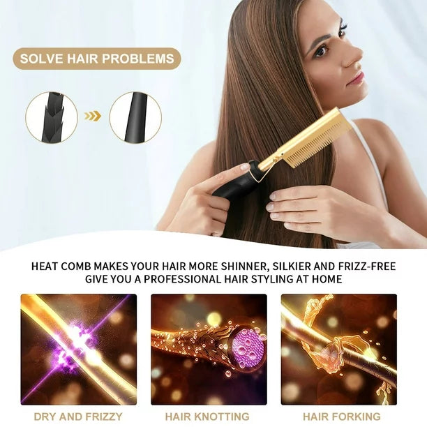 Hot Hair Straightening Heat Pressing Comb Ceramic Security Portable Curling Flat Iron Heated Brush Electric Straightening Comb