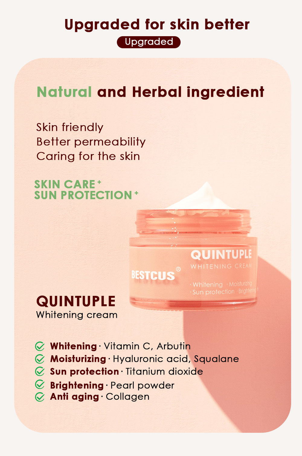 5 in 1 Quintuple Anti Aging Brightening Cream with Vitamin C, Arbutin, Hyaluronic Acid, Pearl Powder, Collagen and Sunscreen