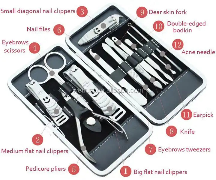 12pc Nail Clipper Manicure, pedicure, facial care set. Silver Stainless steel