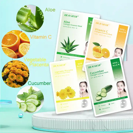 4pc Korean Natural Organic Collagen Sheet Skin Care Fruit VITAMIN C Facial Mask for Brightening, Moisturizing and anti-aging