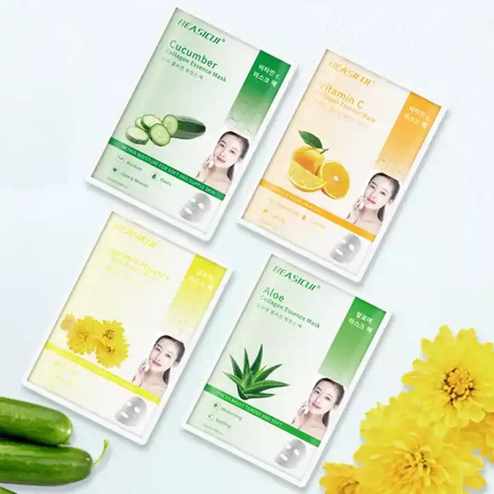 4pc Korean Natural Organic Collagen Sheet Skin Care Fruit VITAMIN C Facial Mask for Brightening, Moisturizing and anti-aging