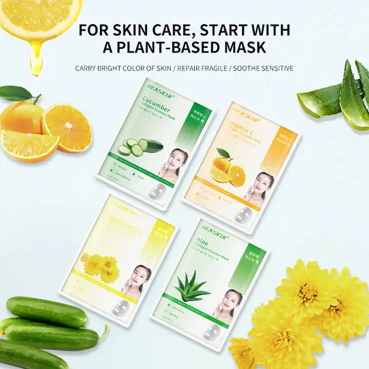 4pc Korean Natural Organic Collagen Sheet Skin Care Fruit VITAMIN C Facial Mask for Brightening, Moisturizing and anti-aging