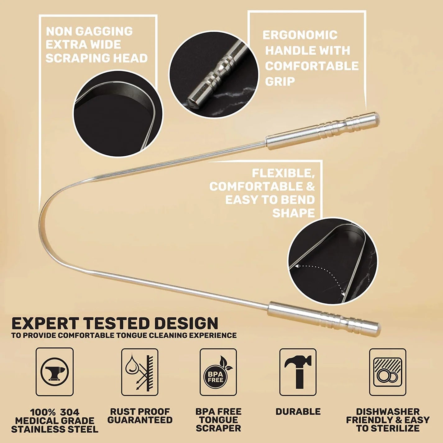 Tongue Scraper with Travel Case, Medical Grade 100% Stainless Steel