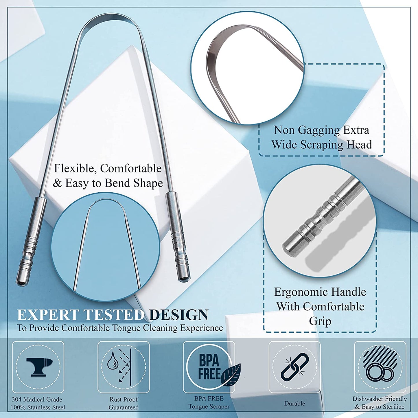 Tongue Scraper with Travel Case, Medical Grade 100% Stainless Steel