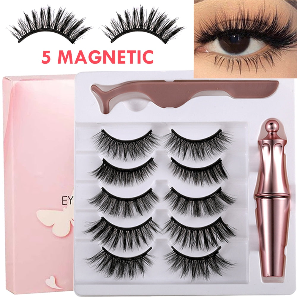 5 Pairs Magnetic Eyelashes Set With Tweezer 3D Mink Eyelashes Magnetic Eyeliner Reusable False Eyelashes Makeup Tools